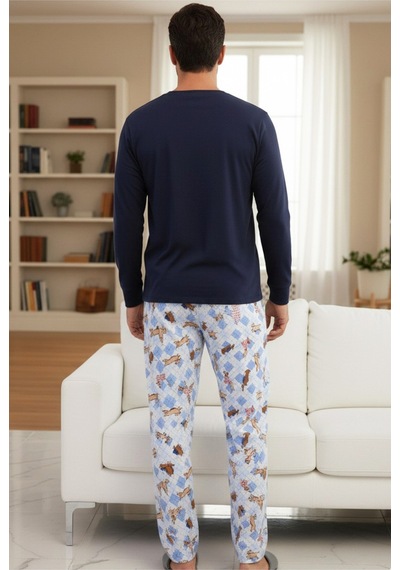 Siyah İnci Uzun Kollu Pamuklu Örme Pijama Takım 7972 Mavi Köpek