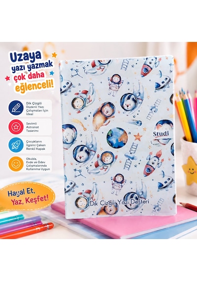 Studi Uzay Astronot Desenli Dik Çizgili Yazı Defteri Çocuk Öğrenci Güzel Yazı Çalışma Defteri Çok Renkli