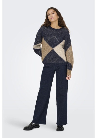Only Noeme Life Ls Jacquard O-neck Kadın Triko Kazak Jakarlı Bisiklet Yaka Mavi