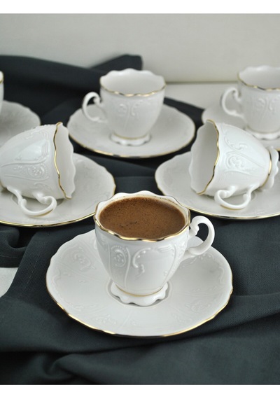6 Kişilik Porselen Kahve Fincanı Seti Gold Yaldızlı Kahve Fincan Takımı- Amor 90ml Beyaz
