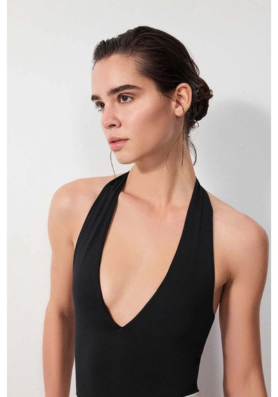 Vatkalı Derin V Yaka Bodysuit-16646 Siyah