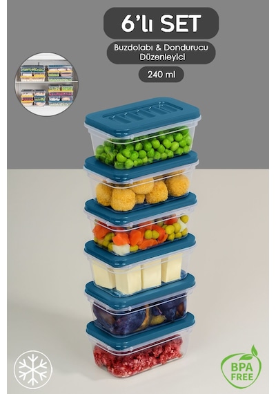 Buzdolabı Düzenleyici Organizer Mikrodalga Ve Difrize Uygun Saklama Kabı 6'lı Mavi 6 x 240 ML Mavi