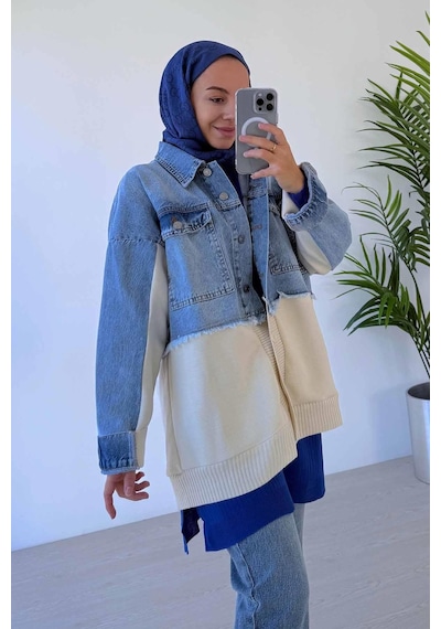 Ka Hijab Jean Detaylı Düğmeli Triko Hırka Mavi