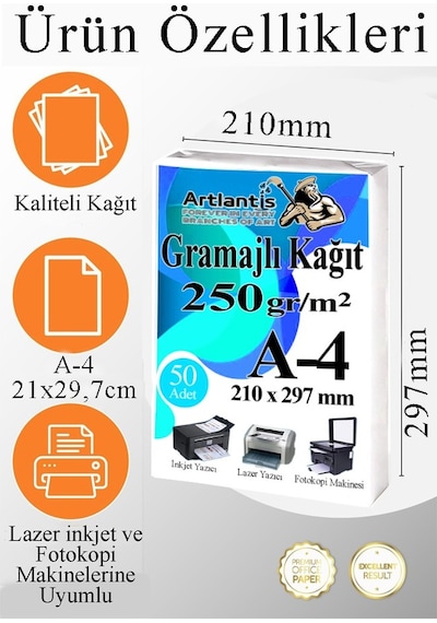 A4 Gramajlı Fotokopi Kağıdı 50 Adet 250 Gr Sertifika Kağıdı Kalın Kağıt Baskı Tüm Yazıcılara Uyumlu 21x29.7cm Ofis Büro