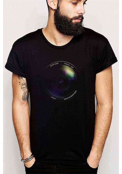 Fotoğraf Makinesı Lens Camera Baskılı Siyah Erkek Tshirt