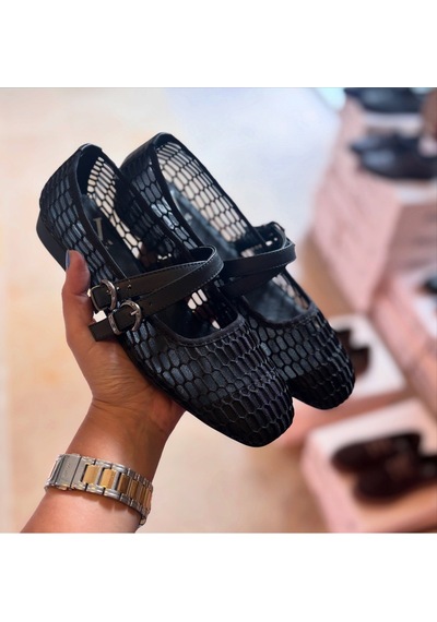 Ne&ve Shoes Siyah File Kadın Kare Burunlu Çapraz Bantlı Günlük Rahat Babet