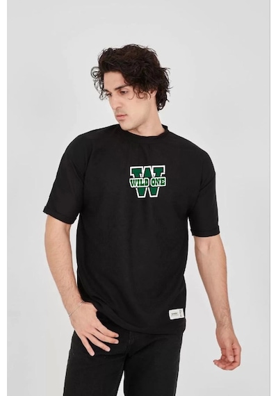 Unisex Waffle Kumaş Çift Katlamalı Kol Baskılı T-shirt - Siyah Siyah