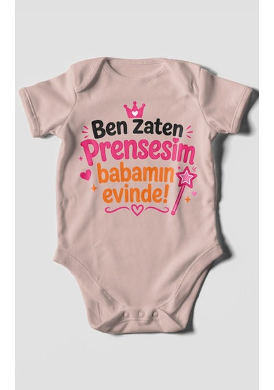 Morivokids Ben Zaten Prensesim Babamın Evinde Kısa Kollu Bebek Body %100 Pamuk Pastel Pembe