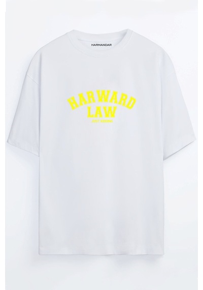 Harward Law Baskılı Unisex Siyah -beyaz - Turuncu - Bej Oversize T-shirt Beyaz