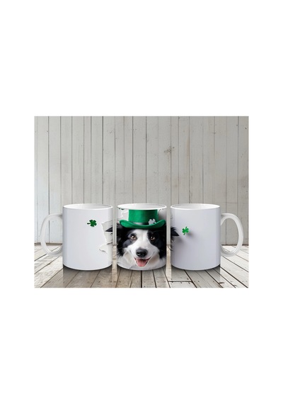 Yoncalarla Süslenmiş St. Patrick S Temalı Border Collie - Baskılı Kahve Kupası Çok Renkli