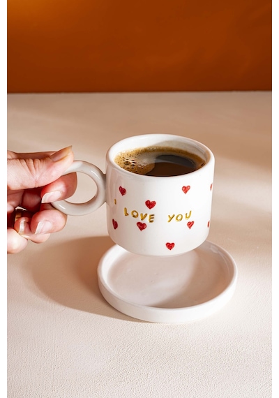 Rivaistanbul I Love You Amore El Yapımı Seramik Double Kahve Fincanı Mug Kupa Krem