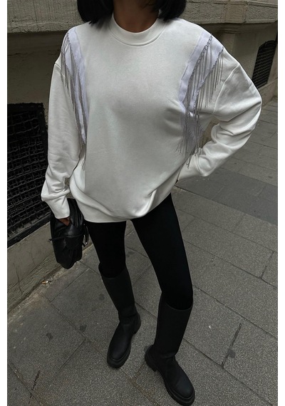 WeShaya Kadın Kırık Beyaz Oversize Dokuma Uzun Kollu Sweatshirt Kırık Beyaz