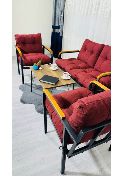 Madame Home Kaktüs Balkon, Bahçe,teras,cafe - Salon - Metal Kanepe Koltuk Takımı - 2 1 1 Sehpa Bordo
