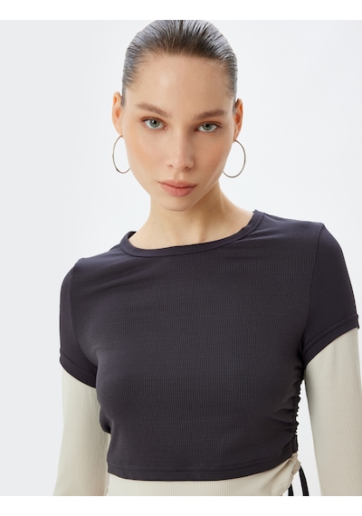 Koton Crop Tişört Uzun Kollu Slim Fit Büzgülü Bisiklet Yaka Antrasit 5wal10070ık Antrasit