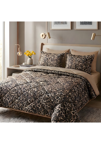 Safari Luxe Çift Kişilik Leopar Desenli Uyku Seti Cappuccino