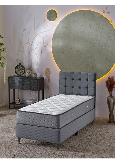 Beehanem Bengü Tek Kişilik 3lü Set Yatak+baza+başlık Gri 120 X 200