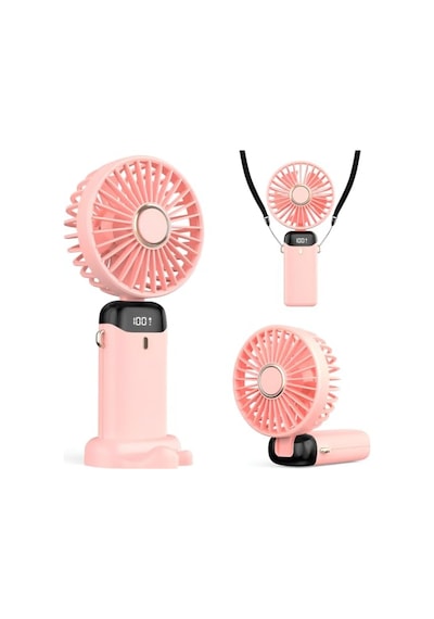 Şarjlı El Vantilatörü - Led Dijital Ekranlı 5 Kademe Rüzgar Hızlı Mini Masaüstü Fan, Boyun Askılı Katlanabilir Şarj Edilebilir Taşınabilir Vantilatör, Telefon Standlı Type-c Şarjlı Pembe