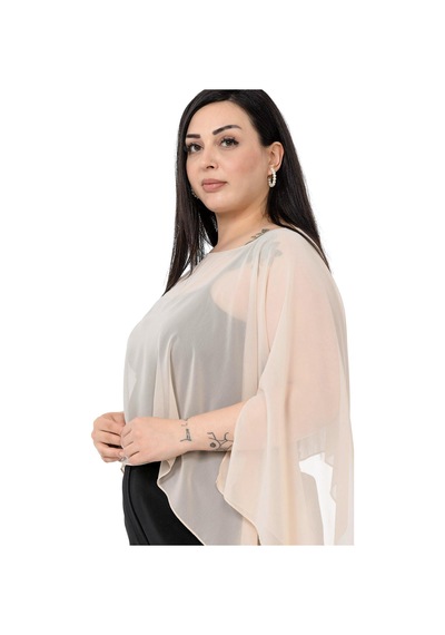 Disentis Büyük Beden Asimetrik Kesim Şifon Bej Pelerin Bolero - Bej