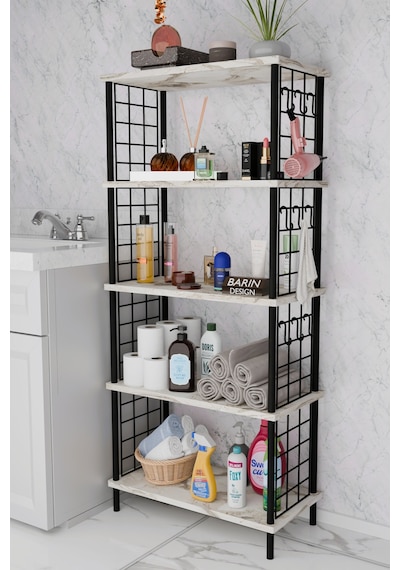 5 Raflı Çevir-kur Raf Ünitesi Telli Metal Gövdeli Organizer Banyo, Mutfak, Balkon, Antre Uyumlu Beyaz Mermer
