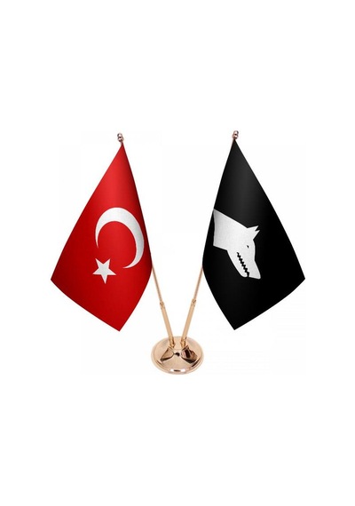 Masa Üstü Siyah Göktürk Bayrağı Türk Bayrağı İkili Pirinç Direk M