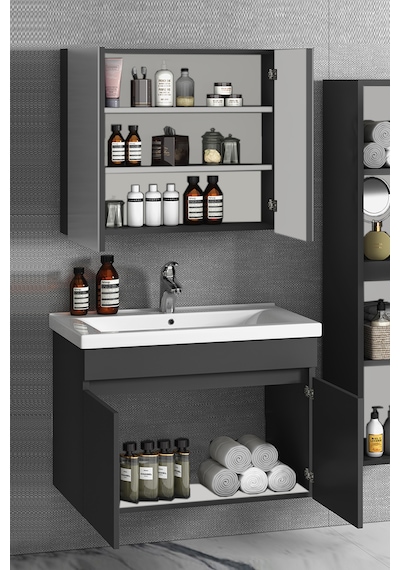 Çiğdem 80+35 Cm Antrasit Gri Mdf Sepetli Asma Banyo Dolabı Takımı Antrasit - Gri