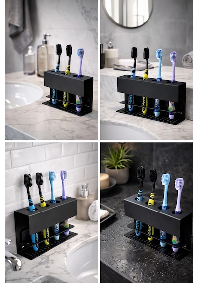 Metal Diş Fırçalık Siyah 4 Bölmeli Duvara Monte Diş Fırçası Tutucu Banyo Organizer