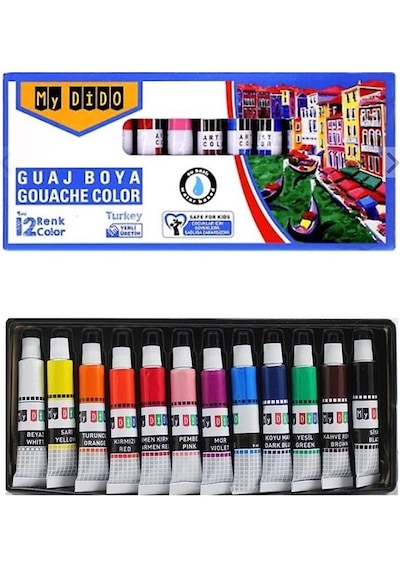 Guaj Boya Hobi Boyama Seti 1 Paket 25x35 Cm Tuval 12 Li Guaj Boya Tüp Resim Paleti Fırça Seti 6 Lı Çok Renkli