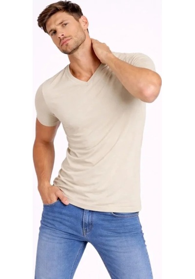 Butik İstanbul Erkek T-shirt V Yaka Slim Fit Dar Kesim Likralı Tişört Günlük Basic Body - Taş