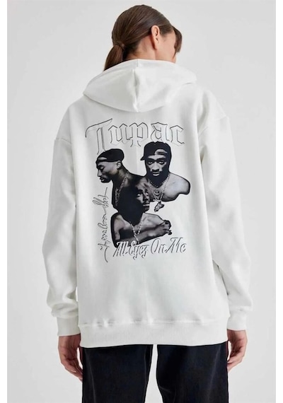 Kadın Oversize Kapüşonlu Cepli Tupac Baskılı 3 İplik Pamuklu Hoodie Sweatshirt - Beyaz