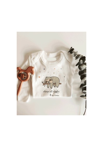Babylimon Sleep All The Time Yeşil Sloth Uzun Kol Çıtçıtlı Organik Bebek Body Beyaz - 132207116 Beyaz