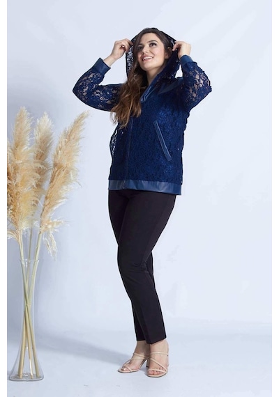Moda Berray 4031 Lacivert Fermuarlı Derili Kombin Dantel Büyük Beden Ceket Lacivert