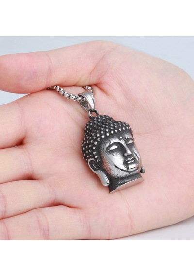 Antik Eskitme Gümüş Renk Çelik Güç Ve Huzur Sembolü Spiritüel Buda Kolye Gümüş - Gri