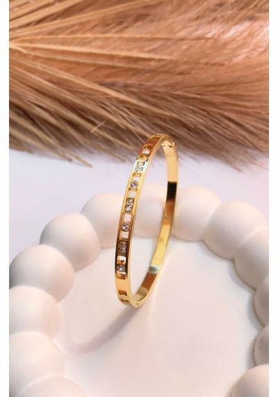 Altın / Gold Renk Zirkon Taşlı 316l Çelik Kelepçe Bileklik Gold