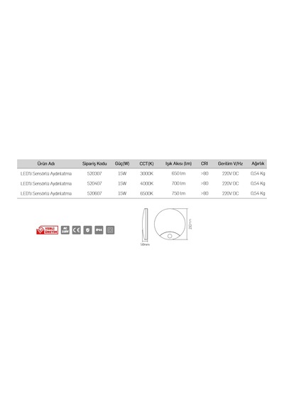 Lamptime Sensörlü Ledli Tavan & Duvar Armatürü Beyaz Işık 520607 Beyaz