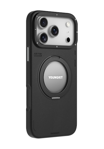 Apple Uyumlu iPhone 17 Pro Kılıf M-safe 360 Standlı Basit Mat Deri Desenli Youngkit Tech Leather Seri Kapak Siyah Siyah