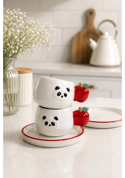 Panda Desenli Kiraz Kulplu 2'li Kahve Fincanı 140 Ml Beyaz