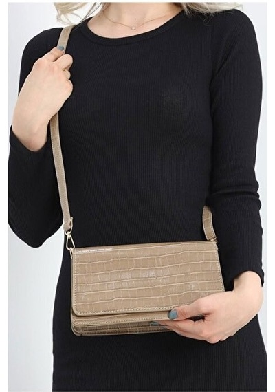 Lovelystore Kroko Desenli 3 Gözlü Günlük Kadın Mini El & Omuz Çantası 24x12 VİZON