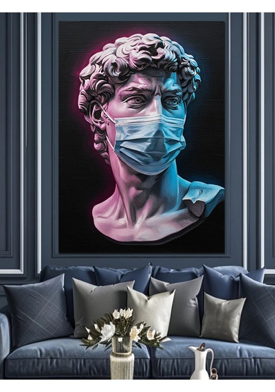 Ahşap Tablo Mavi Maskeli Baş David Heykeli