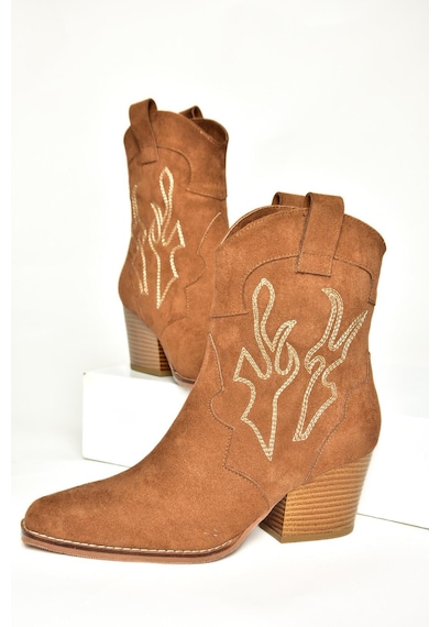 Fox Shoes T296112002 Taba Süet Kalın Topuklu Kadın Bot Taba-Süet Taba