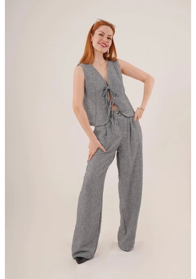 Defymoda Ön Bağlama Detaylı Yelek Ve Pantolon Antrasit İkili Takım Siyah