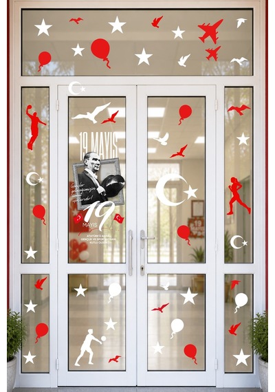 19 Mayıs Çift Taraflı Cam Sticker Seti 70 Parça Atatürk Temalı Pencere Süsü, Atatürk, Gençlik Bayram Dijital Baskı