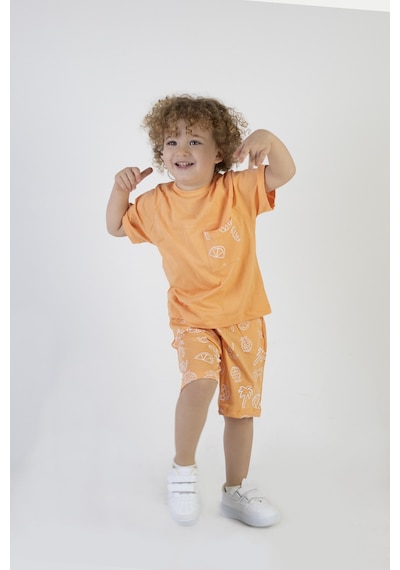 Harika Kids Erkek Çocuk Palmiye Baskılı Turuncu Renk Kısa Kollu Şortlu Alt Üst Takım 001