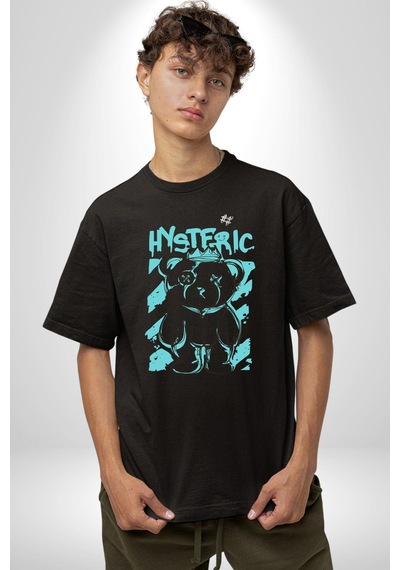 Histerik Pamuklu Bisiklet Yaka Unisex Oversize Boyfriend Dijital Baskılı Siyah T-shirt Siyah
