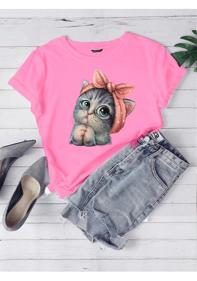 Oversize Pembe Sevimli Minik Kedi Baskılı T-shirt Unisex Rahat Kalıp Pembe