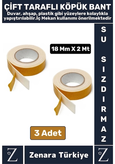 Uzun Ömürlü Ultra Güçlü Kolay Uygulanır İz Bırakmaz Çift Taraflı Köpük Bant 18 Mm X 2 Metre 3 Adet
