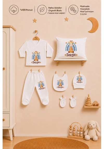 Pia Baby Hastane Çıkışı Erkek Bebek 7 Parça Zıbın Seti %100 Pamuk İsme Özel 1103zybyx Ekru