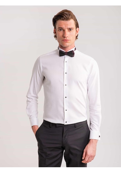 Dufy Beyaz Erkek Slim Fit Çizgili Ata Yaka Uzun Kol Gömlek - 58623-beyaz Beyaz