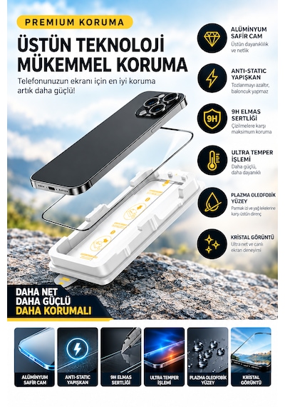 İphone 17 Pro Max Uyumlu Premium Alüminyum Safir Cam Ekran Koruyucu 9h Sertlik & Kolay Uygulama Kiti