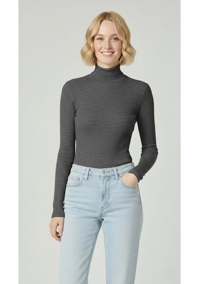 Kadın Tam Boğazlı Fitilli Likrali Kaşkorse Slimfit Badi - Antrasit