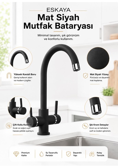 Homess 3 Yollu Arıtmalı Baston Borulu Mutfak Bataryası Siyah Krom Lüx